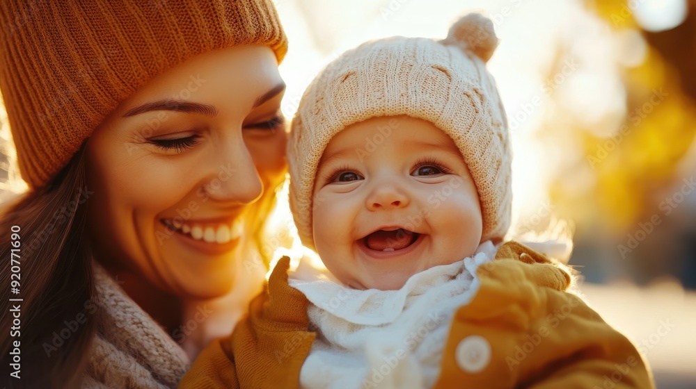 A happy mother and her cheerful baby, both warmly dressed in autumn attire, sharing a joyful moment outside as the golden sunlight illuminates their smiling faces. A happy mother and her cheerful baby, both warmly dressed in autumn attire, sharing a joyful moment outside as the golden sunlight illuminates their smiling faces.