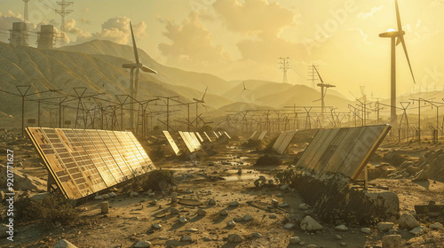 Decaying solar panels and wind turbines in harsh desert environment. Abandoned renewable energy infrastructure highlights sustainability challenges and environmental consequences. photo