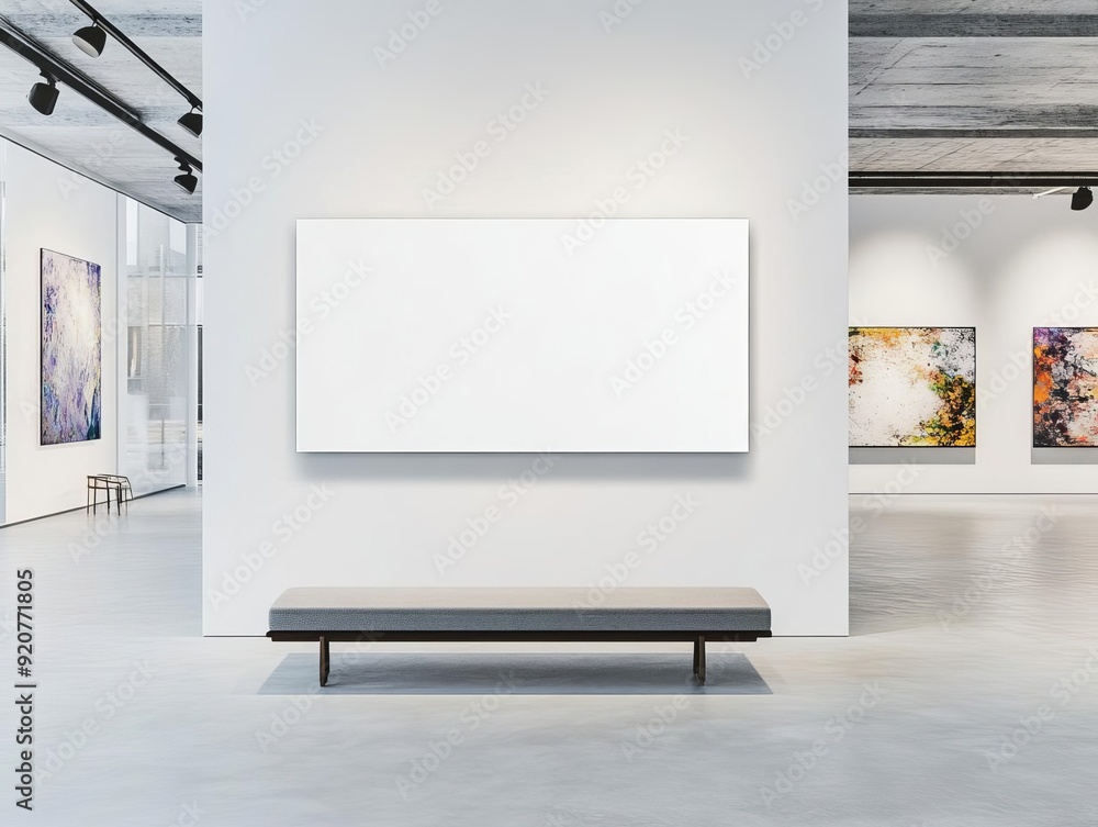 A contemporary art gallery with a mediumsized white blank mockup banner on the wall, emphasizing a minimalist and modern aesthetic A contemporary art gallery with a mediumsized white blank mockup banner on the wall, emphasizing a minimalist and modern aesthetic
