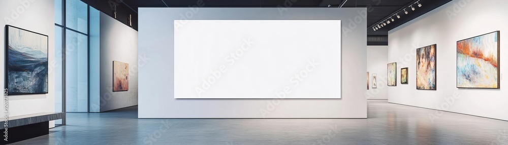A contemporary art gallery with a large white blank mockup banner near the entrance, emphasizing a minimalist and modern aesthetic A contemporary art gallery with a large white blank mockup banner near the entrance, emphasizing a minimalist and modern aesthetic