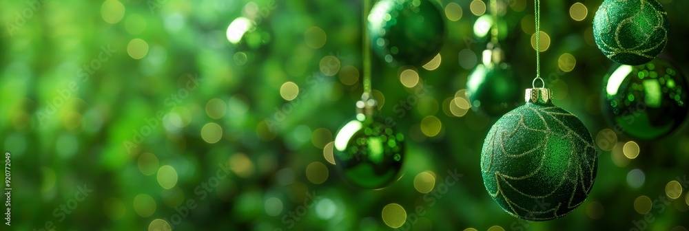 Multiple green Christmas ornaments hanging with a beautifully blurred green lights background, embodying holiday festivity and warmth. Multiple green Christmas ornaments hanging with a beautifully blurred green lights background, embodying holiday festivity and warmth.
