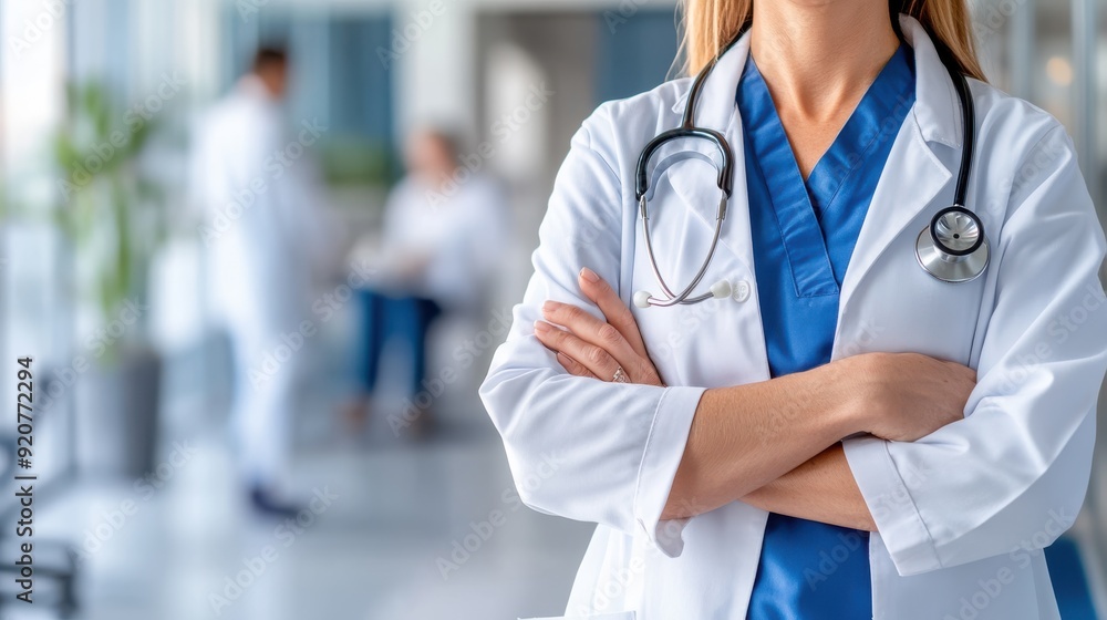 A medical professional wearing a white coat and stethoscope stands confidently with arms crossed in a bright, modern clinic setting, ready to attend to patients. A medical professional wearing a white coat and stethoscope stands confidently with arms crossed in a bright, modern clinic setting, ready to attend to patients.