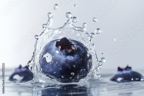 Rabbiteye Blueberry falling into the water with a splash on a white background photo