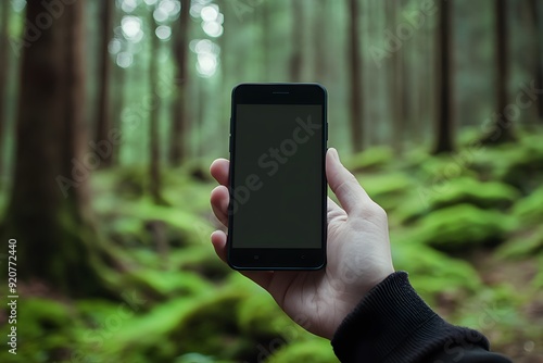 Smartphone in Hand with Green Forest Background.