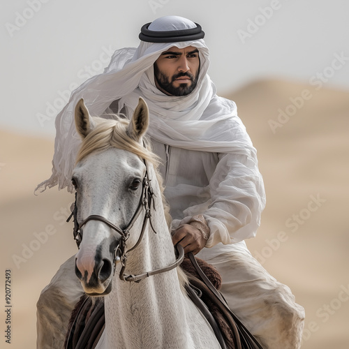 bedouine man riding horse in the desert