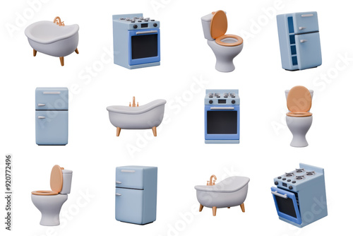 3D plumbing, household appliances in different positions
