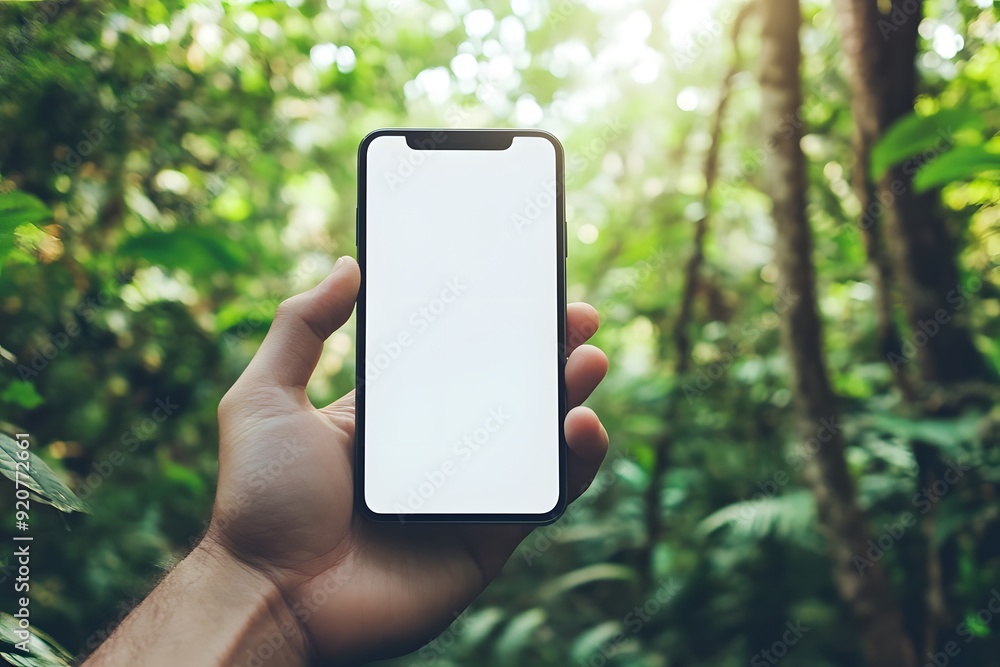 Hand Holding Smartphone with Blank Screen in Lush Green Forest. Hand Holding Smartphone with Blank Screen in Lush Green Forest.
