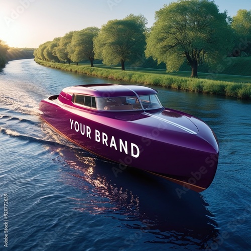 Luxury motorboat in the river at sunset. 3d rendering