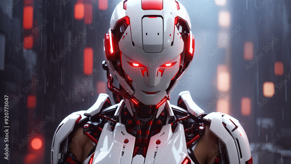 This is an image of a futuristic robot with a white helmet and red lights.
This is an image of a futuristic robot with a white helmet and red lights.