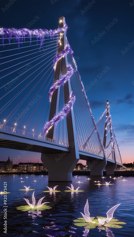 Obraz premium Cable-stayed bridge in Riga at night, Latvia