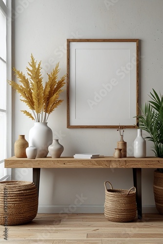 Mockup poster frame in living room interior, 3d render
