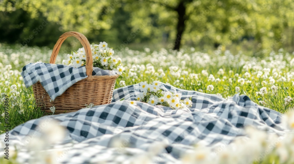 Picnic basket with red checkered duvet on the grass. Picnic gingham plaid