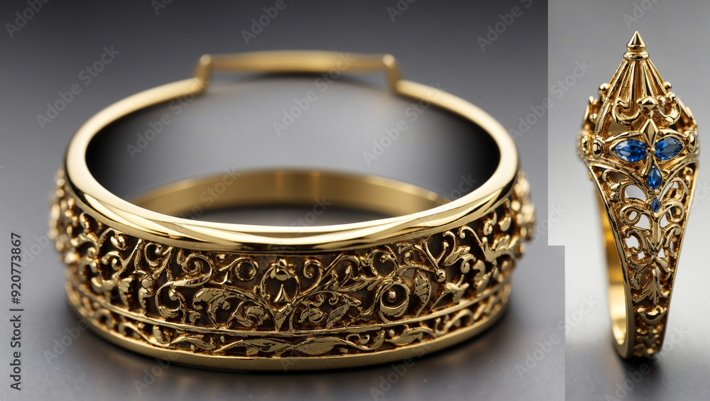 This is a gold ring with intricate carvings and a blue gem. The carvings appear to depict animals and plants.
This is a gold ring with intricate carvings and a blue gem. The carvings appear to depict animals and plants.