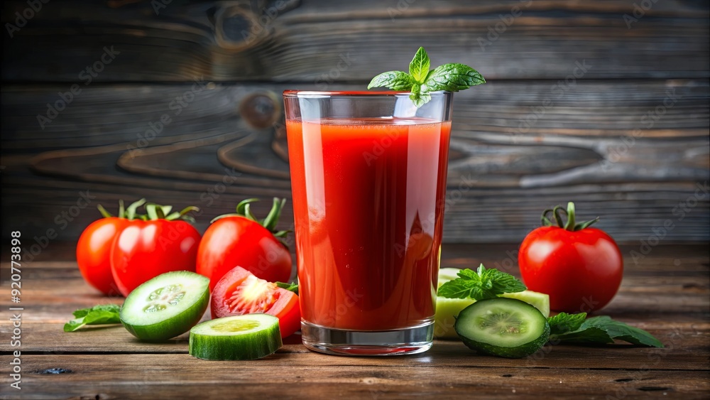 Refreshing glass of cold pressed red juice with cucumber, tomato, and honey , invigorating, vibrant, healthy, detox Refreshing glass of cold pressed red juice with cucumber, tomato, and honey , invigorating, vibrant, healthy, detox