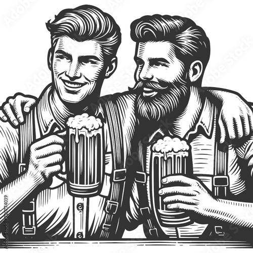 two men friends raising beer mugs in a toast, camaraderie and friendship sketch engraving generative ai fictional character vector illustration. Scratch board imitation. Black and white image.