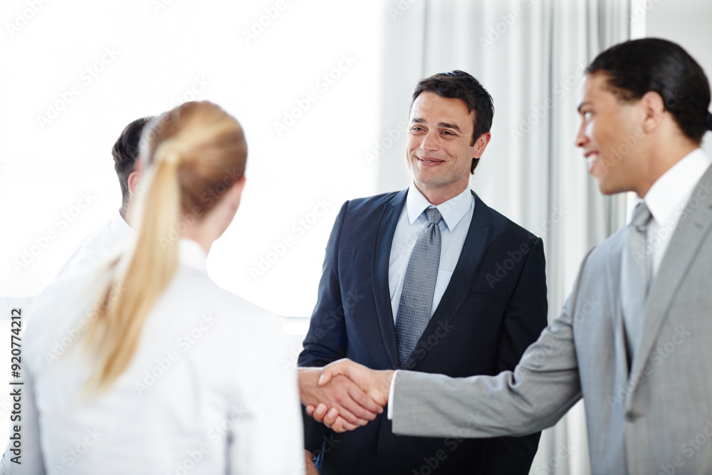Office, meeting and business people with handshake in partnership for investment, consulting or deal. Finance, directors and smile with gesture for bank merger negotiation, success or b2b integration Office, meeting and business people with handshake in partnership for investment, consulting or deal. Finance, directors and smile with gesture for bank merger negotiation, success or b2b integration