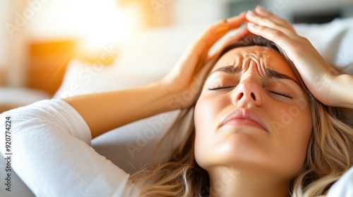 The image portrays an individual lying on a couch with their hands on their head, suggesting feelings of stress, fatigue, or frustration within a domestic setting. photo