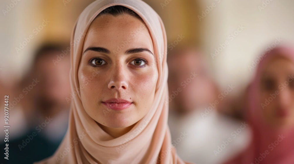 Portrait of a thoughtful Muslim woman wearing a hijab engaged in an interfaith dialogue or religious tolerance initiative representing the concepts of diversity inclusion mutual understanding Portrait of a thoughtful Muslim woman wearing a hijab engaged in an interfaith dialogue or religious tolerance initiative representing the concepts of diversity inclusion mutual understanding