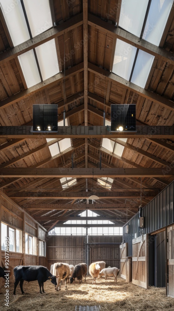 Fototapeta premium Cows are feeding on straw inside a spacious barn designed with natural light