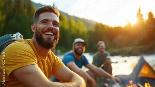 A man happily seated near a campfire, smiling broadly, enjoying a pleasant moment with friends in a serene outdoor setting, highlighting the joy of friendship and nature. photo