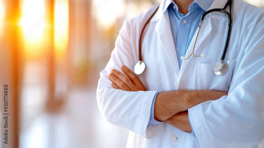 A doctor in a white coat crosses arms, standing confidently in a bright hallway with sunlight streaming in, symbolizing dedication, expertise, and trust in healthcare services. A doctor in a white coat crosses arms, standing confidently in a bright hallway with sunlight streaming in, symbolizing dedication, expertise, and trust in healthcare services.