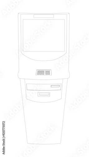 Contour ATM with display. Bank terminal for transaction, withdraw money and deposit to account. Vector illustration of outline cash machine with copy space for your text.