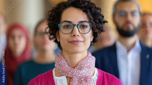 Smiling Woman with Curly Hair and Glasses Promoting Interfaith Tolerance and Collaborative Initiatives for a Diverse and Inclusive Community photo