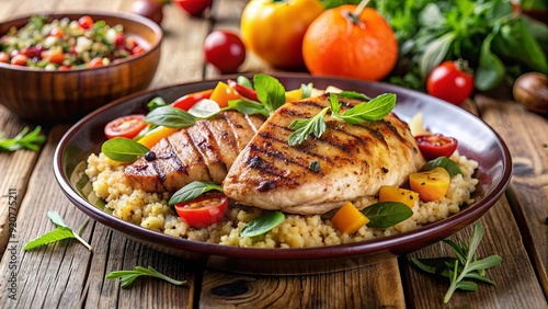 Grilled Chicken with Roasted Vegetables, Couscous, and Mixed Green Salad in a Rustic, Autumnal Setting