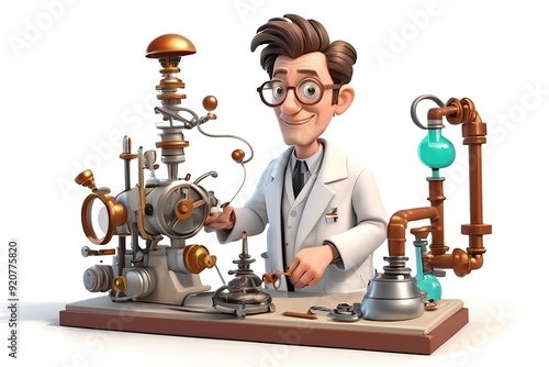 Eccentric inventor with a lab coat and quirky gadgets, working on a strange contraption in 3D style on a white background. Made with generative AI technolo