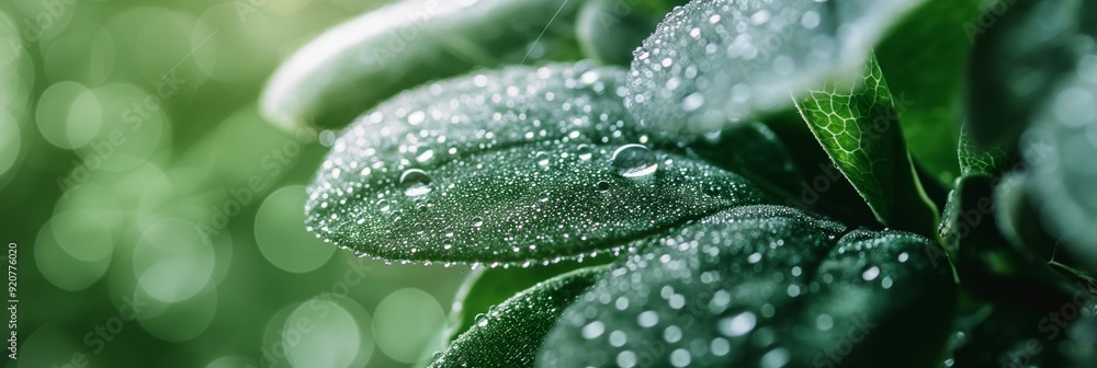 A high-definition image showcasing a close-up of green leaves adorned with sparkling water droplets captured in natural light.