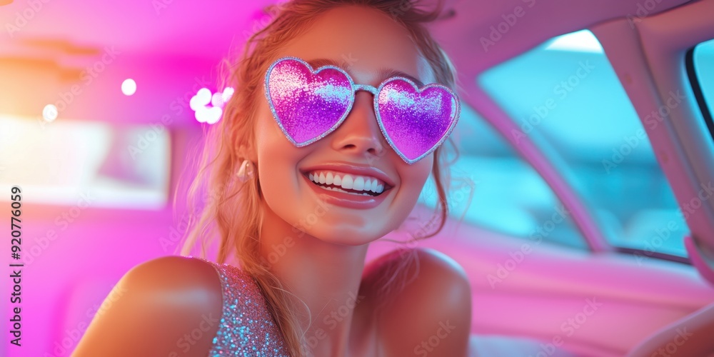 Attractive girl in a limousine wearing shiny holographic glam dress and heart-shaped glasses in pink color. Bright party atmosphere, laughter and joyful facial expression, captures the essence of fun Attractive girl in a limousine wearing shiny holographic glam dress and heart-shaped glasses in pink color. Bright party atmosphere, laughter and joyful facial expression, captures the essence of fun