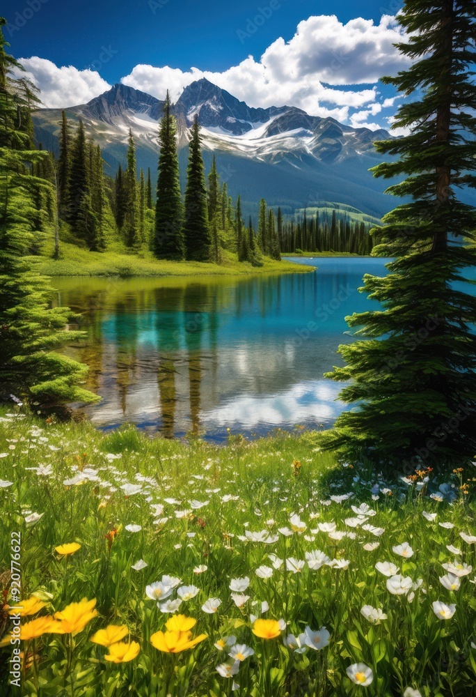 Fototapeta premium vibrant landscape showcasing breathtaking natural beauty lush majestic clear blue skies, nature, greenery, mountains, sky, clouds, scenery, sunlight