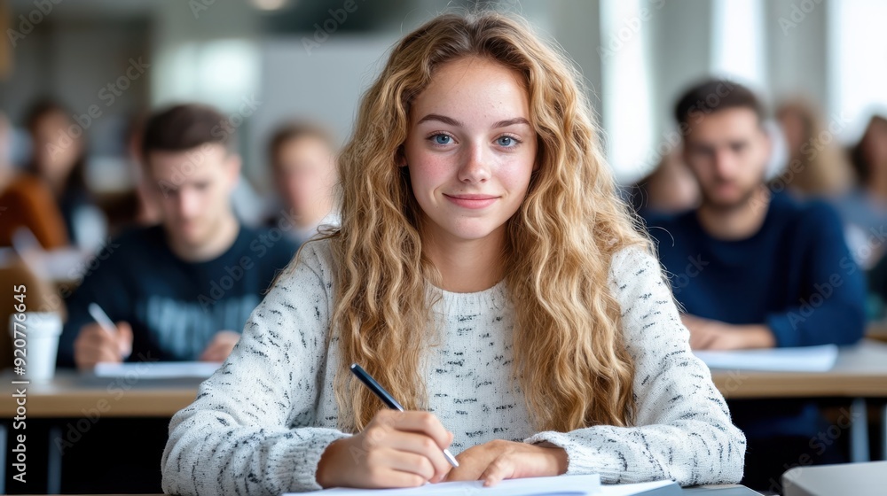 A bright and optimistic student smiling while sitting in a classroom during an exam, showcasing confidence, preparation, and a positive attitude in an academic environment. A bright and optimistic student smiling while sitting in a classroom during an exam, showcasing confidence, preparation, and a positive attitude in an academic environment.