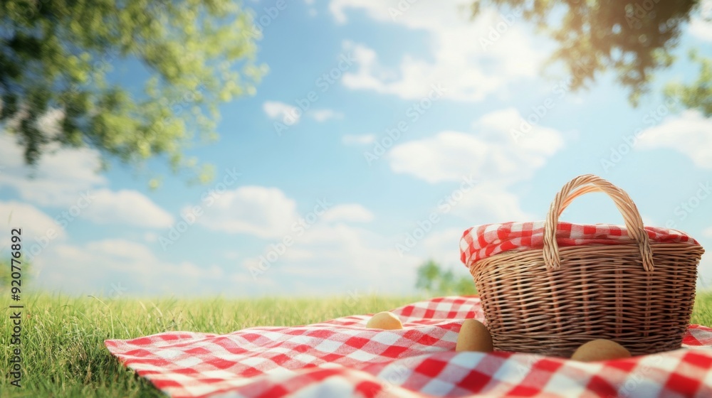 Picnic basket with red checkered duvet on the grass. Picnic gingham plaid Picnic basket with red checkered duvet on the grass. Picnic gingham plaid