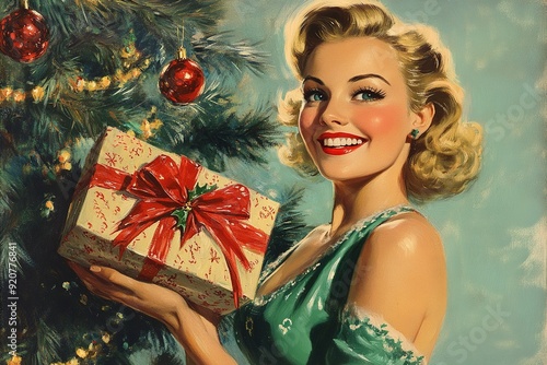Retro style woman smiling with Christmas gift near tree