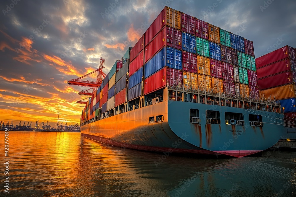 Fototapeta premium A stunning view of a majestic cargo ship loaded with multi-colored containers docked at a port during a vivid sunset, illustrating global commerce and maritime trade.