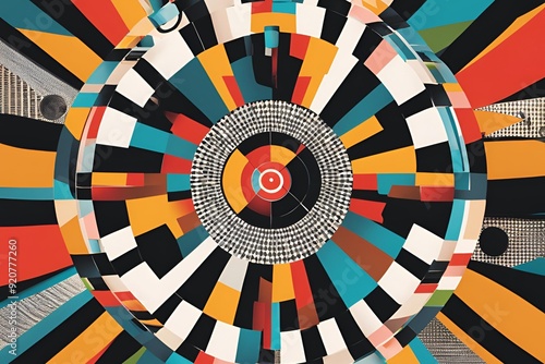 A high-contrast art collage illustrating brand positioning strategies with a circular target at the center, symbolizing strategic focus and market segmentation