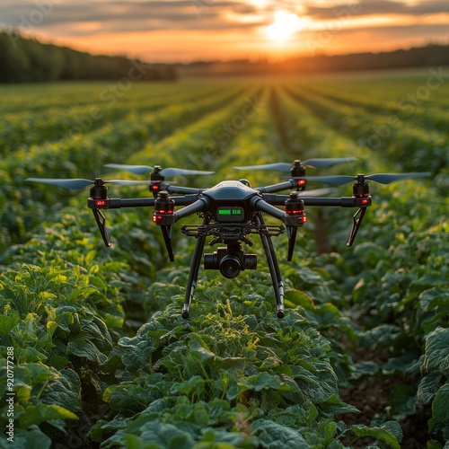 A drones spraying pesticide on crops, smart farming. Generative AI