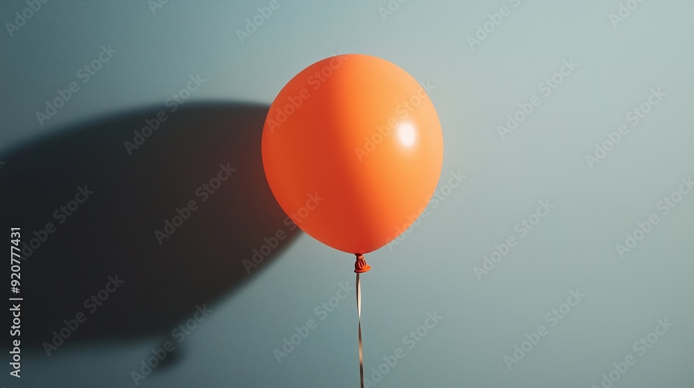 Bright orange balloon floating against a blue wall with a distinct shadow in a well-lit setting Bright orange balloon floating against a blue wall with a distinct shadow in a well-lit setting