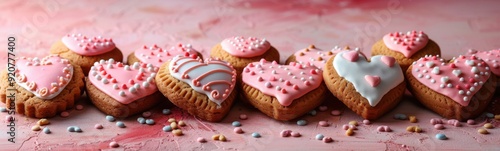 Several heart shaped cookies are arranged in a row on a pink surface, Love background, Banner, Copy space, Food background