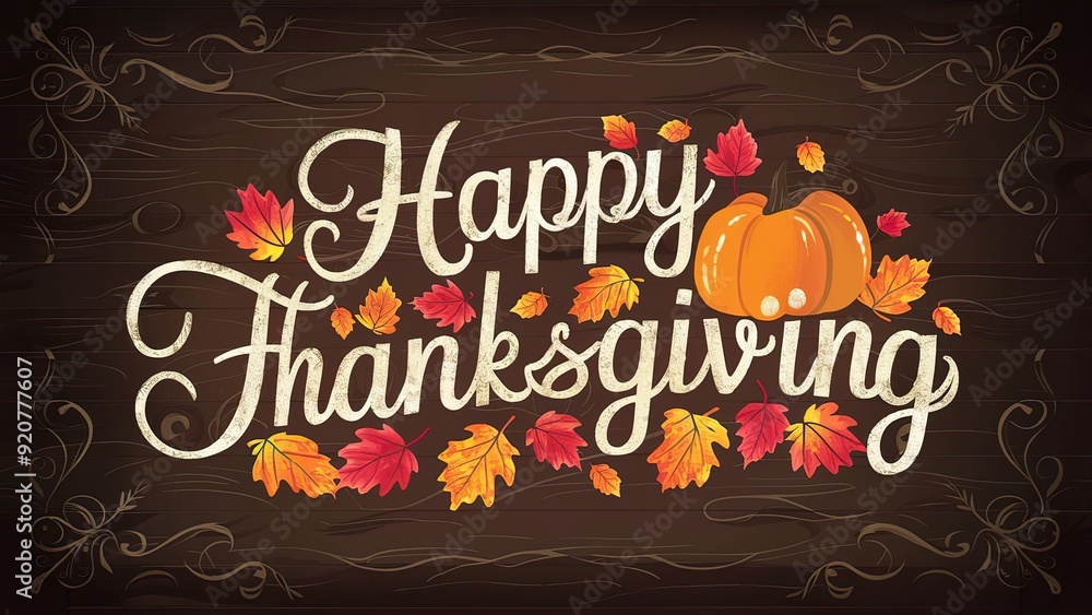 Happy Thanksgiving with Autumn Leaves and Pumpkins. A festive Thanksgiving card featuring the words Happy Thanksgiving with Autumn Leaves and Pumpkins. A festive Thanksgiving card featuring the words