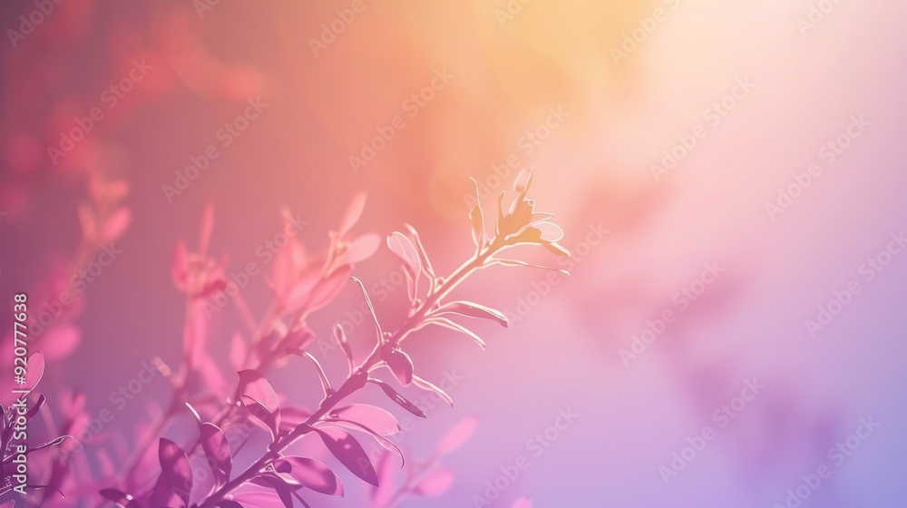 Image of a branch with leaves highlighted against a background that changes colors from pink to purple, creating a soft and ethereal atmosphere with a sense of tranquility. Image of a branch with leaves highlighted against a background that changes colors from pink to purple, creating a soft and ethereal atmosphere with a sense of tranquility.