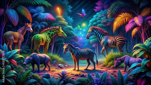 Fototapeta Naklejka Na Ścianę i Meble -  Dark jungle landscape where colorful psychedelic animals roam at night, forest, animals, wildlife, nature, landscape, jungle