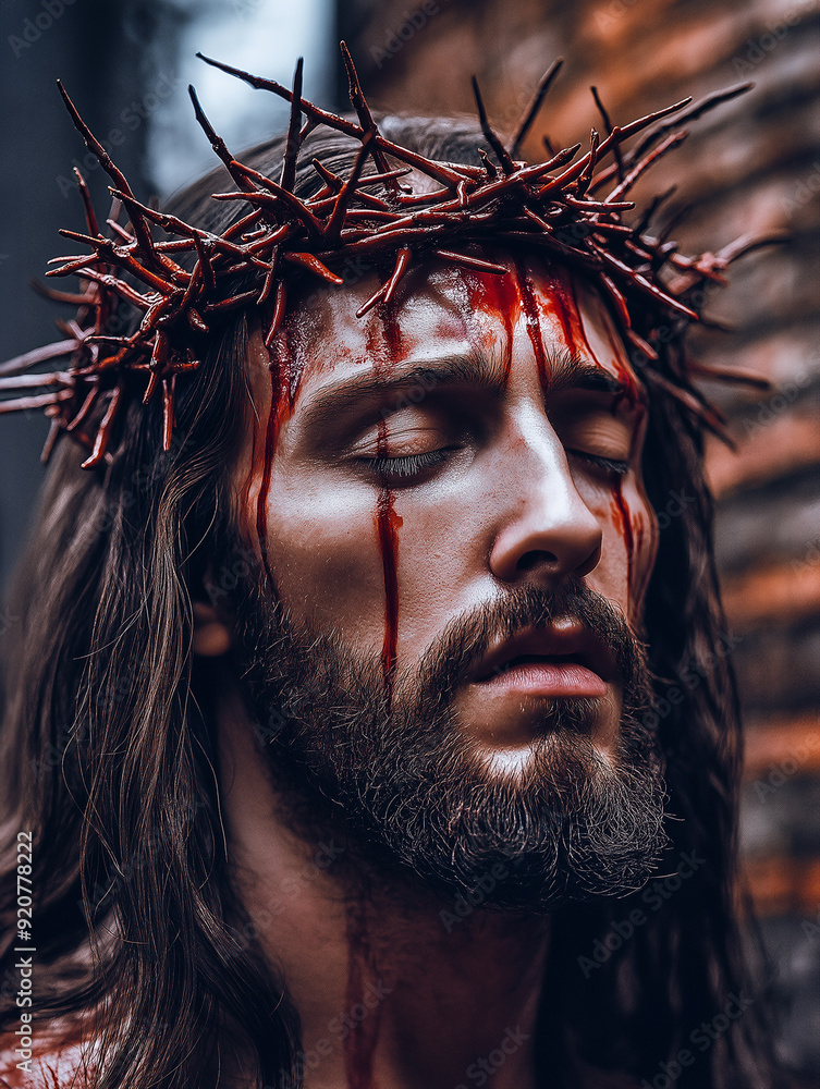 Close-up portrait of Jesus Christ. Blood trickles from his brow where a brutal crown of thorns digs in. He gazes upwards, his expression etched with pain and resilience. Close-up portrait of Jesus Christ. Blood trickles from his brow where a brutal crown of thorns digs in. He gazes upwards, his expression etched with pain and resilience.