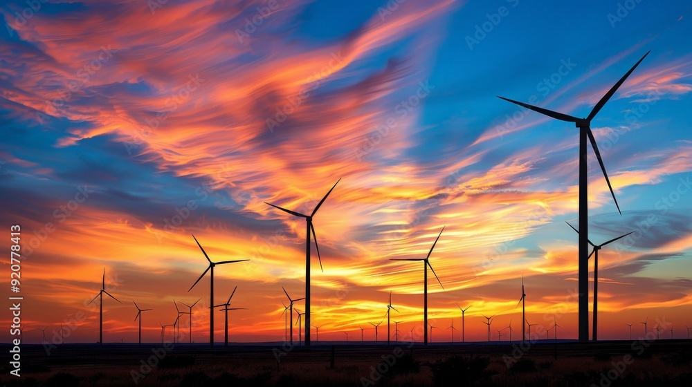 Obraz premium Wind turbines stand tall beneath a dramatically colorful sunset sky with swirling clouds, marking a stunning blend of natural beauty and renewable energy technology.