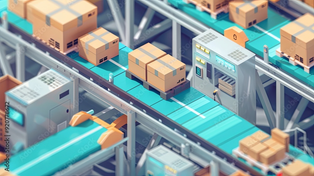 Futuristic Isometric Warehouse with IoT-Integrated Conveyor Belts for Efficient Inventory Control Futuristic Isometric Warehouse with IoT-Integrated Conveyor Belts for Efficient Inventory Control