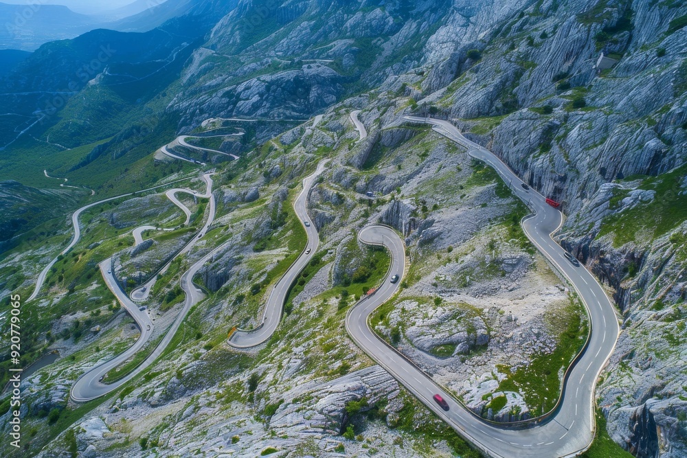 Overhead View Of Vehicles Driving On Serpentine Highway In Cheile Bicazului, North-eastern Romania. Aerial Shot. Beautiful simple AI generated image in 4K, unique. Overhead View Of Vehicles Driving On Serpentine Highway In Cheile Bicazului, North-eastern Romania. Aerial Shot. Beautiful simple AI generated image in 4K, unique.