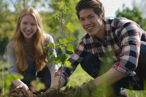 A pair of individuals are planting a small tree under bright sunlight, highlighting teamwork, environmental responsibility, and the beauty of a shared cause for nature.