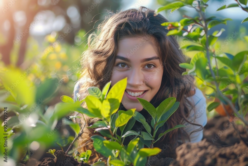A young woman with long hair smiles while planting a small tree in a lush green forest, contributing to a community environmental conservation project. A young woman with long hair smiles while planting a small tree in a lush green forest, contributing to a community environmental conservation project.