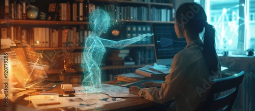 A person sits at a desk in a modern, well-lit room, surrounded by papers and sketches. A holographic AI figure, emanating a soft blue glow, hovers beside them, pointing towards one of the sketches